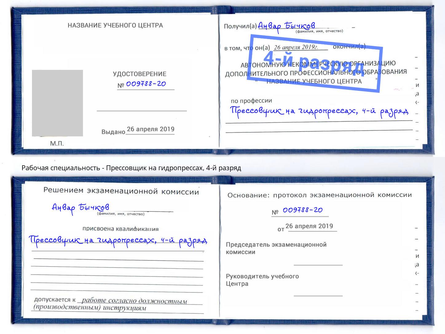 корочка 4-й разряд Прессовщик на гидропрессах Азов