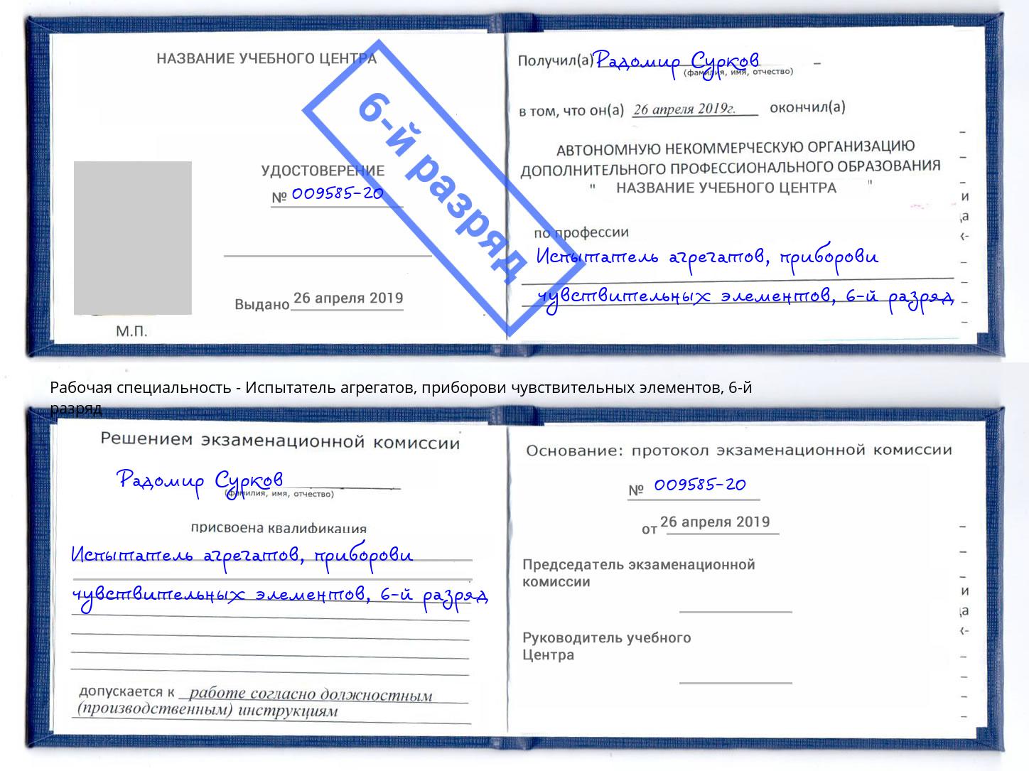 корочка 6-й разряд Испытатель агрегатов, приборови чувствительных элементов Азов