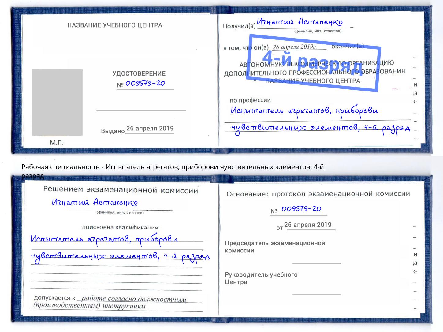корочка 4-й разряд Испытатель агрегатов, приборови чувствительных элементов Азов