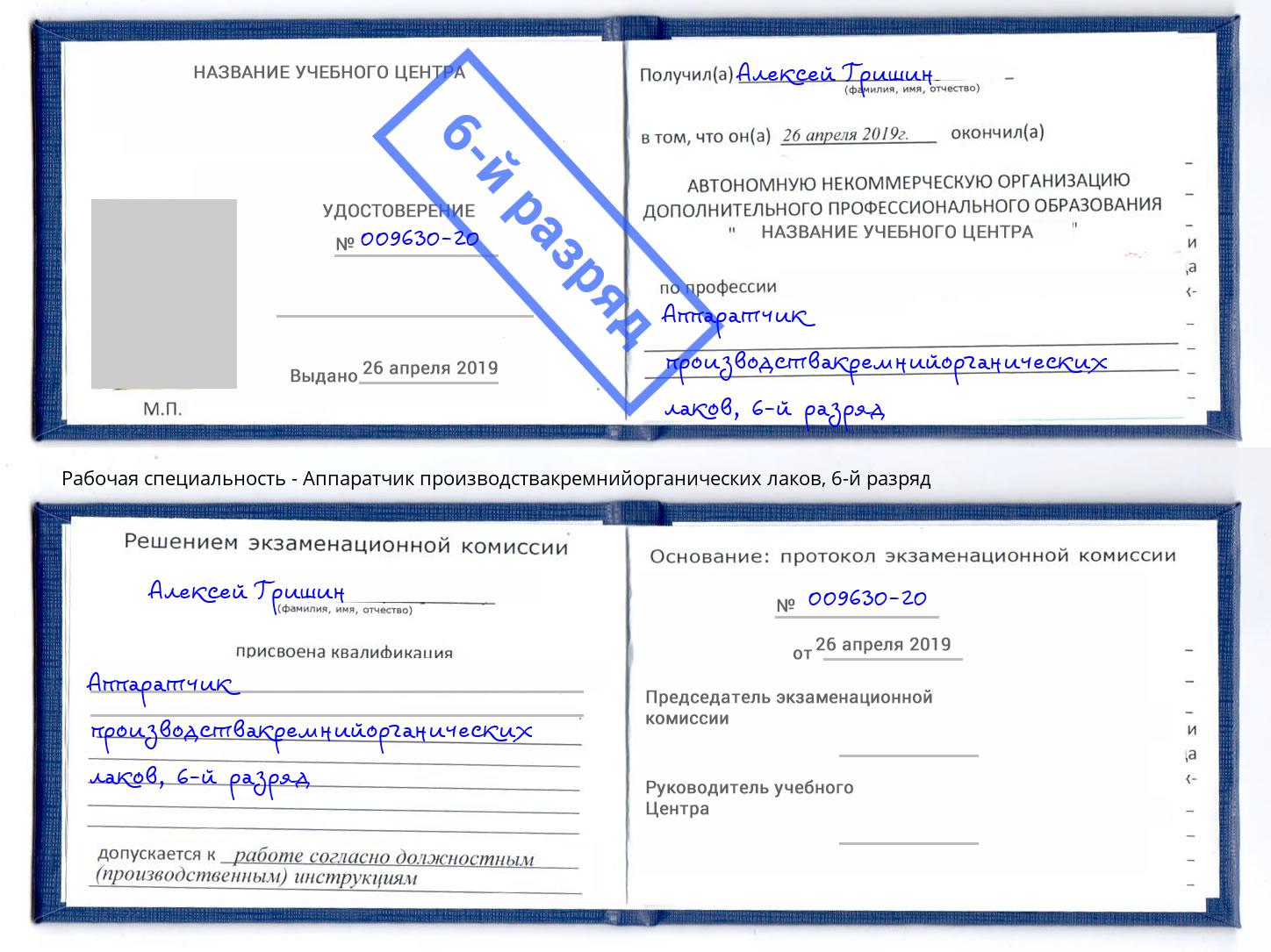 корочка 6-й разряд Аппаратчик производствакремнийорганических лаков Азов