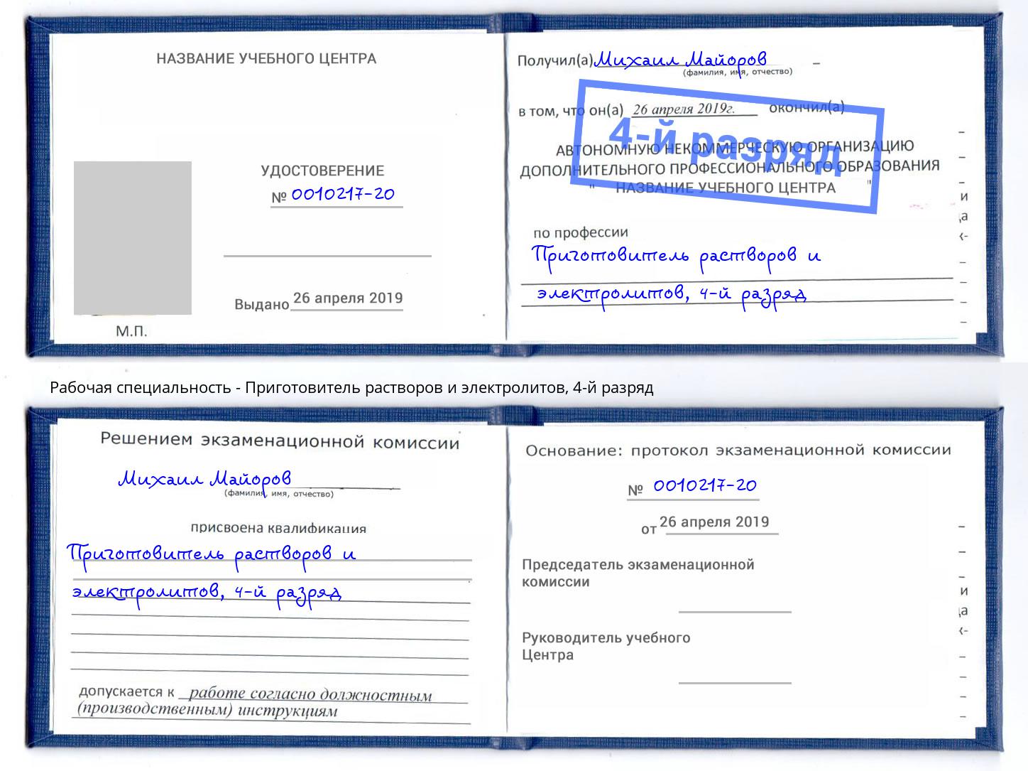 корочка 4-й разряд Приготовитель растворов и электролитов Азов