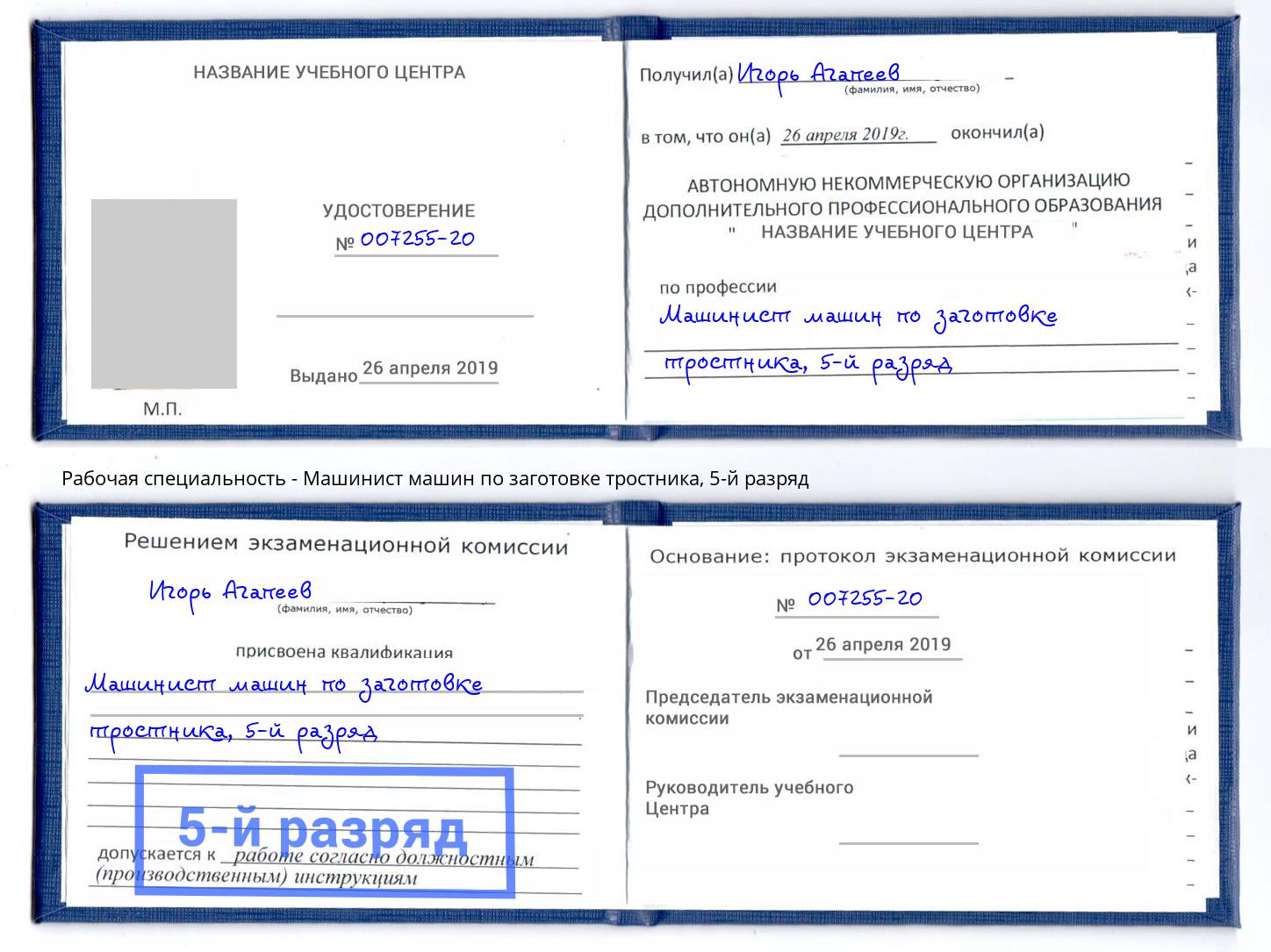 корочка 5-й разряд Машинист машин по заготовке тростника Азов