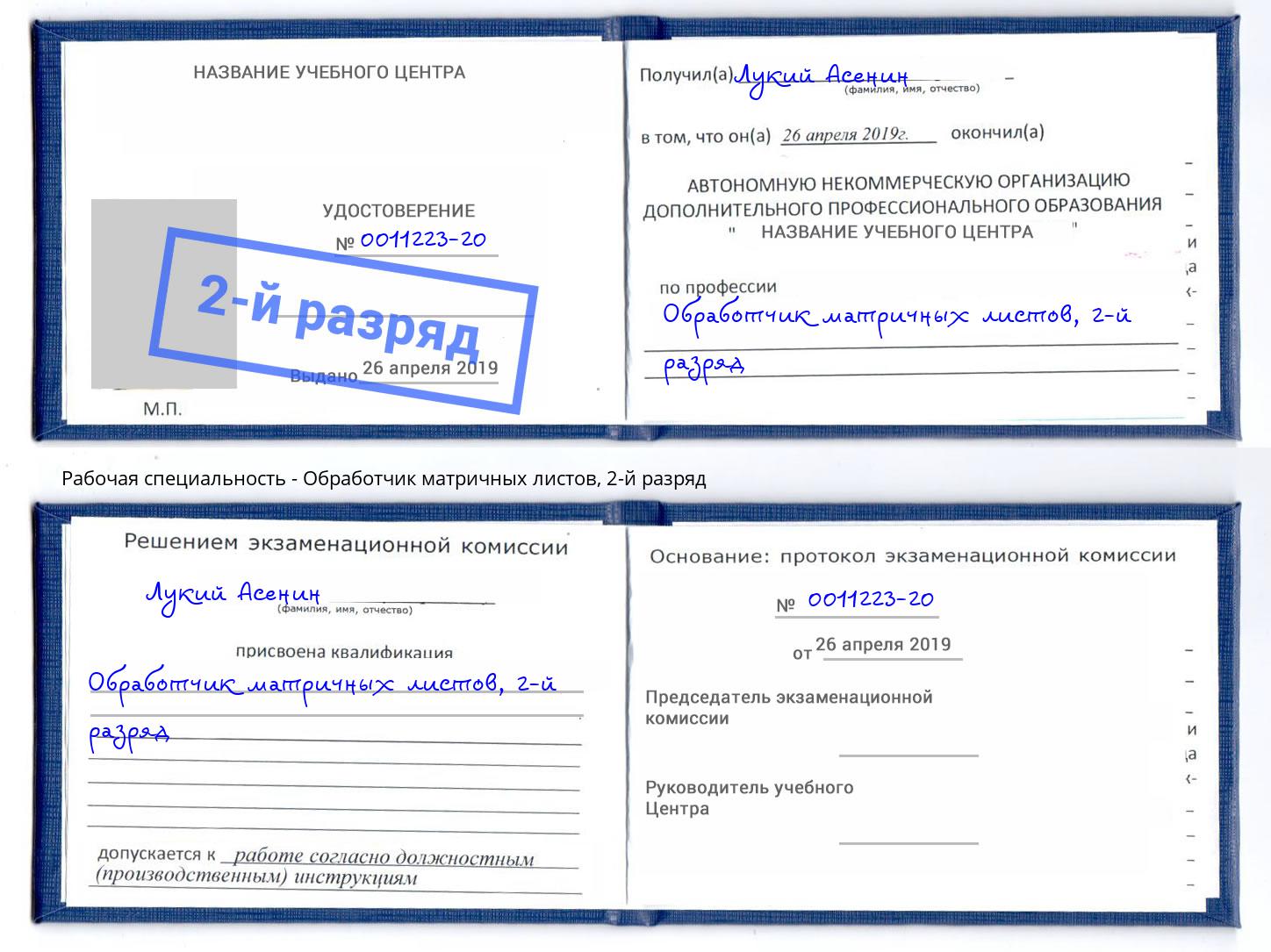 корочка 2-й разряд Обработчик матричных листов Азов